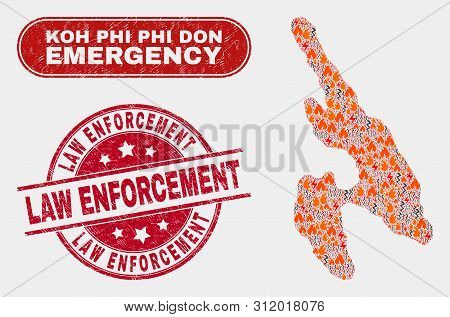 Vector Composition Of Wildfire Koh Phi Don Map And Red Round Scratched Law Enforcement Seal Stamp. E