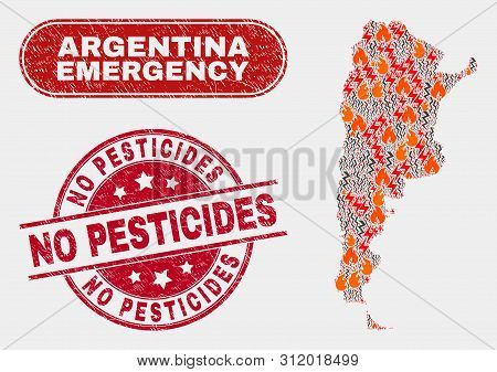 Vector Composition Of Danger Argentina Map And Red Rounded Textured No Pesticides Seal. Emergency Ar