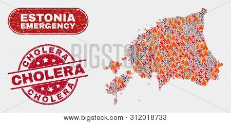 Vector Collage Of Wildfire Estonia Map And Red Rounded Distress Cholera Seal. Emergency Estonia Map 
