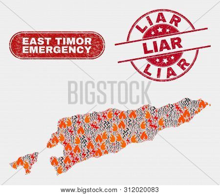 Vector Composition Of Danger East Timor Map And Red Rounded Distress Liar Seal Stamp. Emergency East
