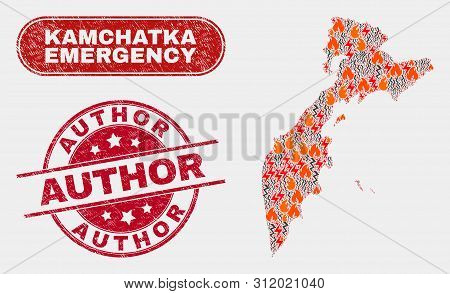 Vector Composition Of Wildfire Kamchatka Map And Red Rounded Textured Author Watermark. Emergency Ka