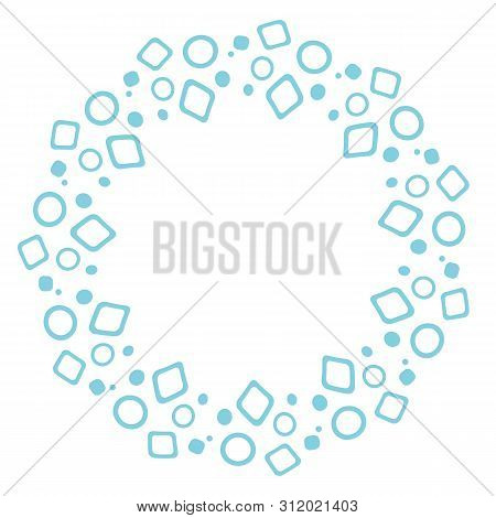 Round Frame In The Form Of Snowflakes. Geometric Blue Pattern With Round And Square Elements. Design