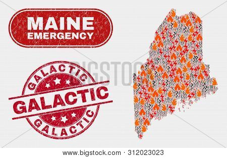 Vector Collage Of Firestorm Maine State Map And Red Round Textured Galactic Stamp. Emergency Maine S