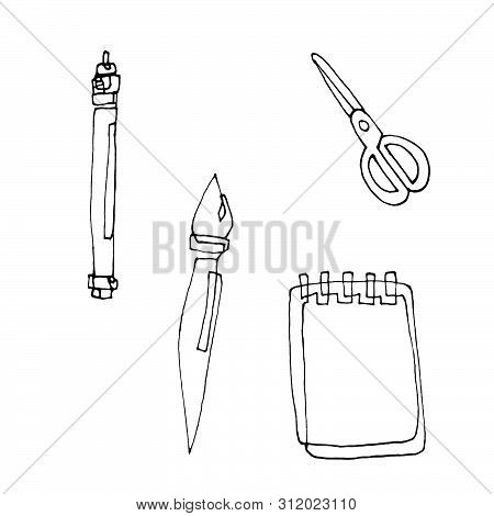 Pen, Brush, Notebook And Scissors Are Drawn With A Contour Line. Isolated Objects On White Backgroun