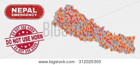 Vector Collage Of Firestorm Nepal Map And Red Round Distress Do Not Use Horn Stamp. Emergency Nepal 