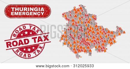 Vector Collage Of Firestorm Thuringia Land Map And Red Round Distress Road Tax Seal Stamp. Emergency