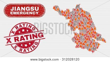 Vector Composition Of Hazard Jiangsu Province Map And Red Rounded Distress X Rating Seal Stamp. Emer
