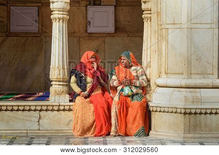 Deshnok, India - February 11, 2019: Indian Women In Karni Mata Temple Or Rats Temple In Deshnok. Raj