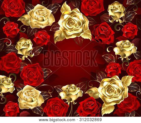 Gold And Red Roses With Golden Leaves On A Red Background.