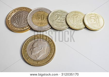 Close Up Turkish Lira And Kurus Metal Coins