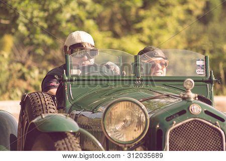 Pesaro Colle San Bartolo , Italy - May 17 - 2018 : Alfa Romeo 8c 2300 Monza 1933 On An Old Racing Ca