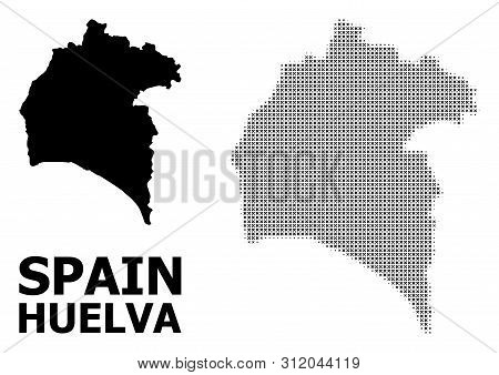 Halftone And Solid Map Of Huelva Province Mosaic Illustration. Vector Map Of Huelva Province Composi
