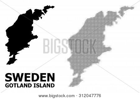 Halftone And Solid Map Of Gotland Island Composition Illustration. Vector Map Of Gotland Island Comp