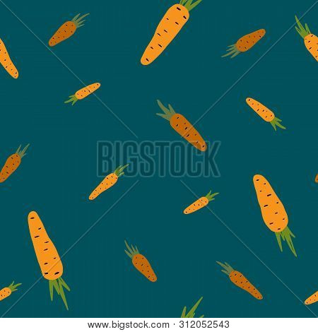 Carrots On A Dark Greenbackground. Seamless Hand-drawn Pattern. Can Be Used For Invitations, Adverti