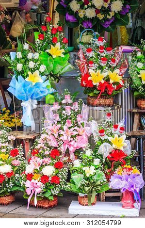 Bouquets Of Flowers For Sale On Pak Khlong Talat Flower Market, Bangkok, Thailand