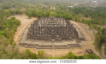 Aerial View Buddist Temple Borobudur Complex In Yogjakarta Java, Indonesia. Tourist Attraction, Unes