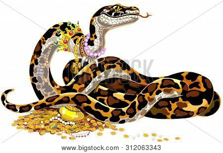 Cartoon Big Snake Guarding The Treasure. Python Boa Constrictor Wearing Golden Crown And Pearl Neckl