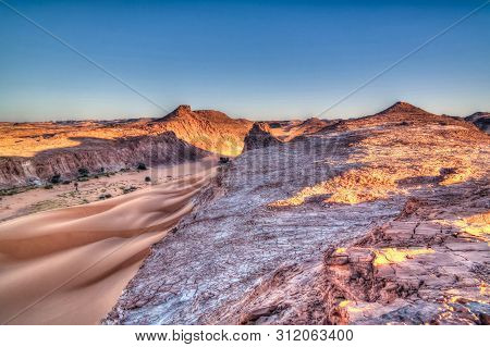 Aerial Panoramic Landscape Near Boukkou Lake Group Of Ounianga Serir Lakes At Sunrise , Ennedi, Chad