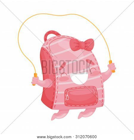Cute Pink School Bag Jumps On A Skipping Rope. Vector Illustration On White Background.