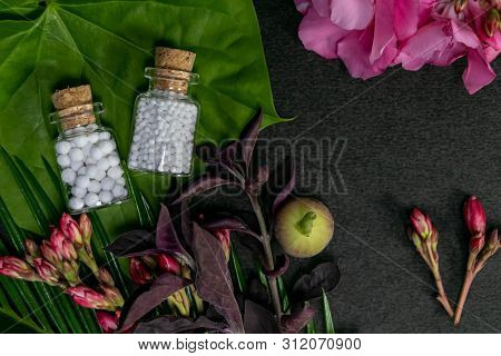 Natural Homeopathy Concept - Healing Homeopathy Pills In Vintage Bottles With Wild Flowers, Wild Fru