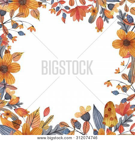 Watercolor Autumn Orange And Grey Sqaure Frame With Flowers, Leaves And Branches. Halloween. Hand Dr