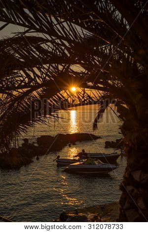Beautiful Sunset With Trees And Rocks In Dingac Borak, Dalmatia, Croatia, Peljesac Peninsula