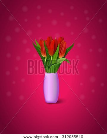 Red Tulips On Purple Background. Bouquet Of Red Tulips In A Vase.
