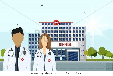 Doctors At The Hospital Vector Flat Style. Medical Center Concept. Practitioner Young Doctors Man An