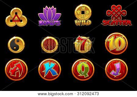 China Icons For Casino Machines Slots Game With Chiese Symbols. Slots Icons On Separate Layers.