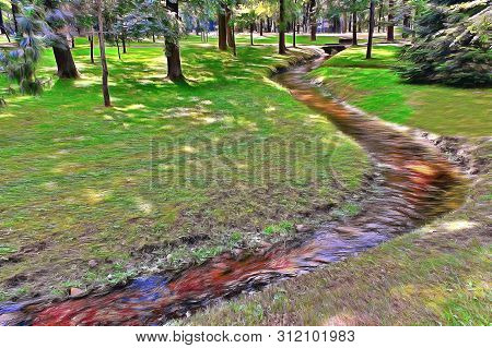The Stream Flows In The Park Among The Shadow Of Coniferous Trees.