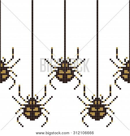 Pixel Seamless Pattern With 8 Bit Spider. Vector Illustration.