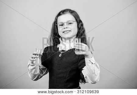 Science Research In Lab. Small Genius Girl. Child Study Bilogy Lesson. Discover Future. Back To Scho