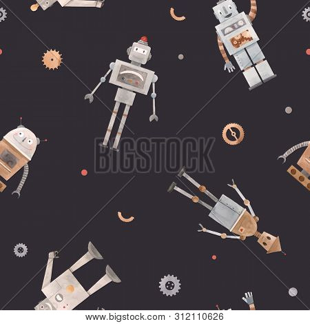 Beautiful Vector Seamless Baby Pattern With Cute Retro Robots