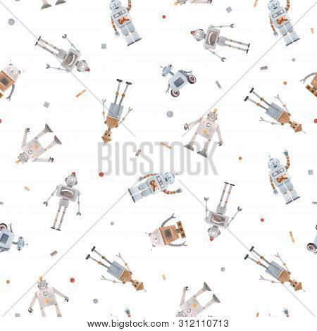 Beautiful Vector Seamless Baby Pattern With Cute Retro Robots