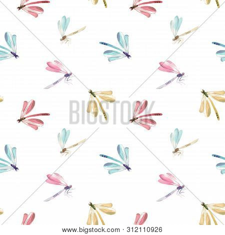 Beautiful Vector Seamless Pattern With Watercolor Colorful Dragonflies