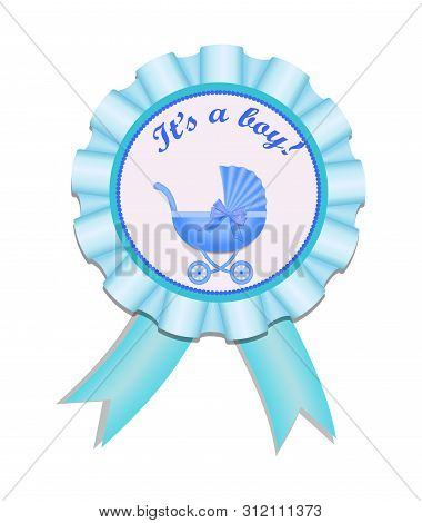 Greeting Satin Medal With Stroller For Baby Boy. Invitation Card With Stroller. Baby Shower Vector I