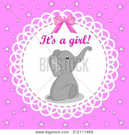 Greeting Card With Elephant For A Girl On Baby Shower. Pink Background. Baby Shower Invitation Card 