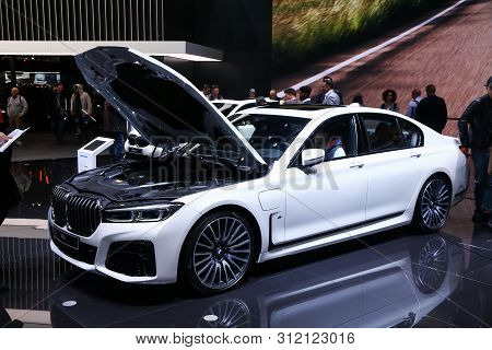 Geneva, Switzerland - March 11, 2019:  Plug-in Hybrid Motor Car Bmw 745e (g11) Presented At The Annu
