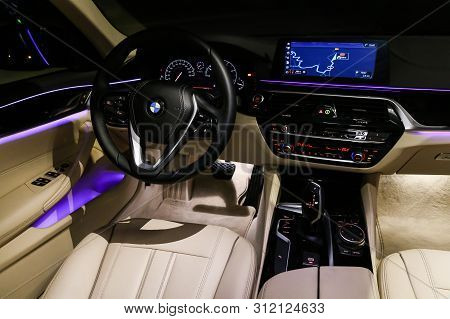 Catalonia, Spain - March 8, 2019: Interior Of The Luxury Motor Car Bmw 520d (g30).