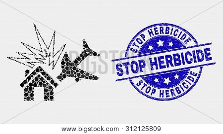Dotted Airplane Disaster Mosaic Icon And Stop Herbicide Seal Stamp. Blue Vector Rounded Scratched Se