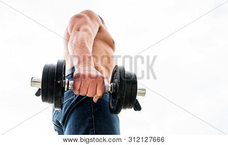 Athletic Body. Dumbbell Gym. Muscular Man Exercising In Morning With Barbell. Fitness And Sport Equi
