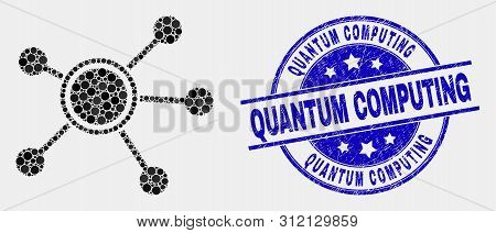 Dotted Links Mosaic Icon And Quantum Computing Seal. Blue Vector Round Textured Seal Stamp With Quan