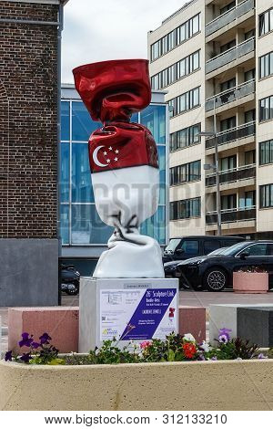 Knokke-heist, Flanders, Belgium -  June 16, 2019: Knokke-zoute Part Of Town. Closeup Of Statue Of Ca
