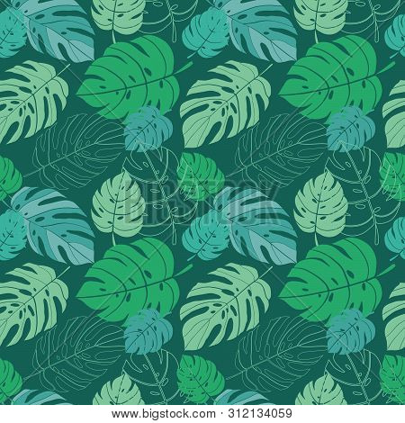 Tropical Leaves Seamless Pattern On A Turqoise Background