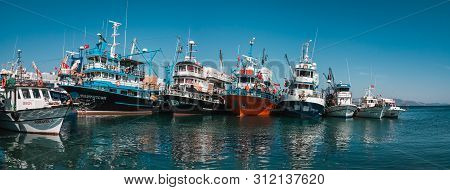 Didim, Turkey - October 03, 2017: Several Commercial Fishing Boats In Town Harbor In Didim, Turkey