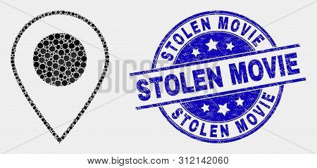 Dot Map Marker Mosaic Pictogram And Stolen Movie Seal Stamp. Blue Vector Round Distress Seal Stamp W
