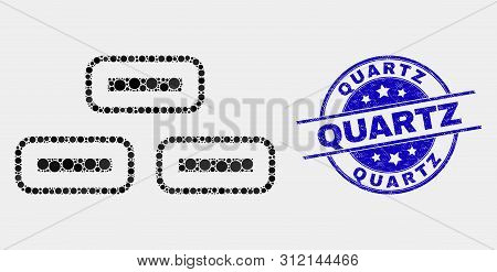 Dot Bricks Mosaic Icon And Quartz Seal. Blue Vector Round Grunge Seal Stamp With Quartz Phrase. Vect