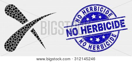 Pixel Erase Mosaic Icon And No Herbicide Seal Stamp. Blue Vector Rounded Scratched Stamp With No Her