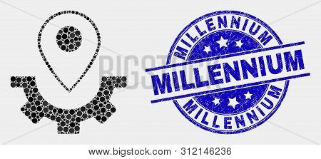 Dot Service Map Marker Mosaic Pictogram And Millennium Seal Stamp. Blue Vector Round Grunge Seal Sta