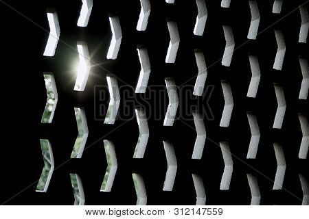 Abstract Pattern Of Concrete Wall With Ray Of Light In Sunset Background. Backdrop And Wallpaper Of 